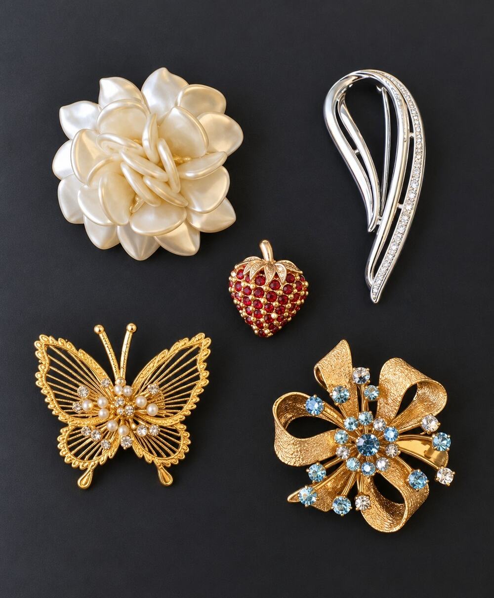 Vintage Brooch Lot 5pc Signed Sarah Coventry Silver Tone Rhinestone Pearl